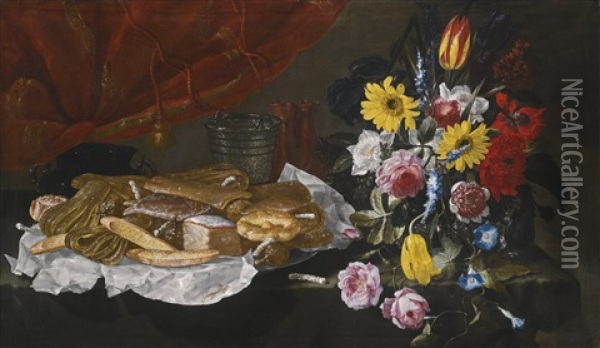 Still Life With Roses, Carnations, Tulips And Other Flowers In A Glass Vase, With Pastries And Sweetmeats On A Pewter Platter, On A Stone Ledge In Front Of A Red Curtain Oil Painting - Giuseppe Recco