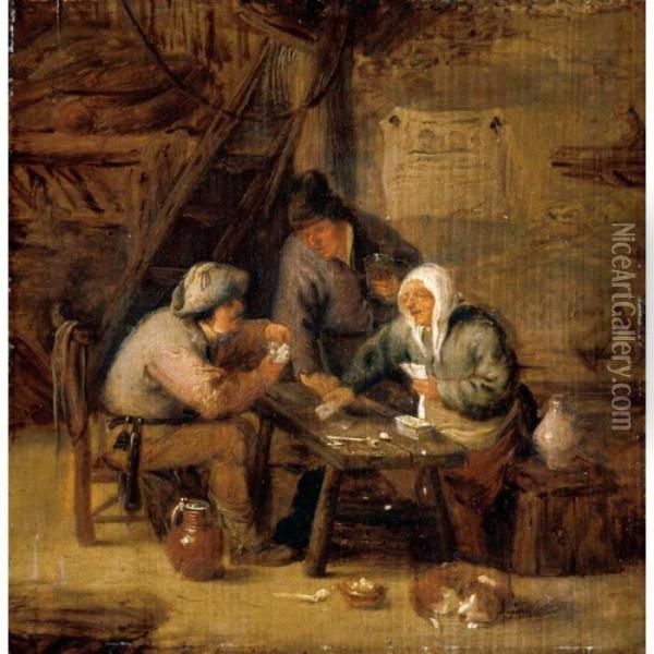 Interior With Peasants Playing Cards At A Table Oil Painting - Isaack Jansz. van Ostade