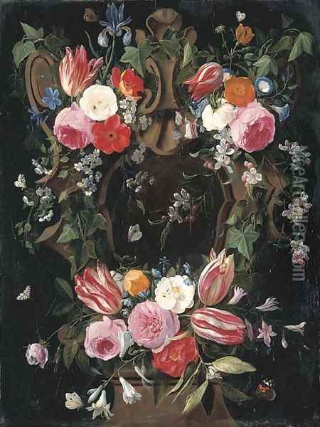 A garland of tulips, roses, morning glory, an iris, clematis and other flowers surrounding a sculpted stone cartouche with a red admiral Oil Painting - Jan van Kessel