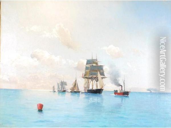 A Line Of Sailing Vessels Being Towed By A Steam Tug On A Calm Day Oil Painting - Holger Peter Svane Lubbers