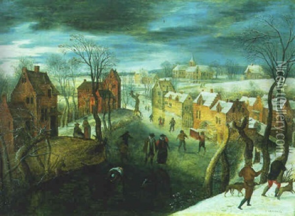A Village In Winter With Skaters On A Frozen River, Hunters In The Foreground Oil Painting - Pieter Brueghel the Younger