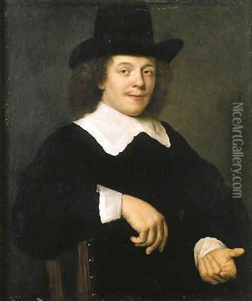 Portrait of a gentleman, seated half length, wearing black costume with lace collar and cuffs and black hat Oil Painting - Bartholomeus Van Der Helst