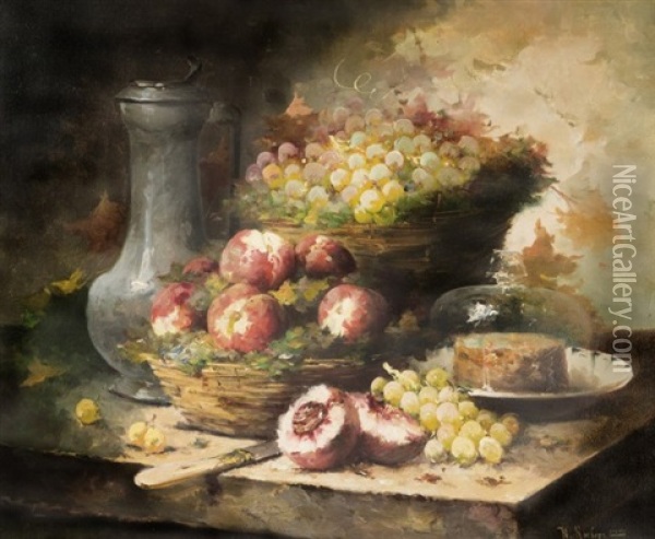 Still Life With Jug And Fruits Oil Painting - Yuliy Yulevich Klever the Younger