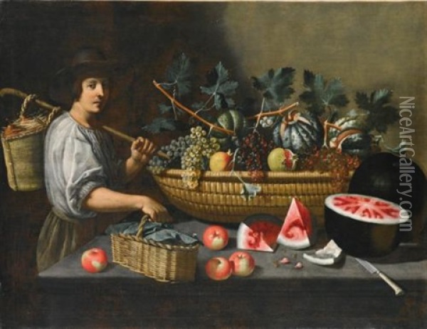 A Still Life Of Grapes, Melons And Pomegranates On A Stone Ledge With A Figure Carrying A Basket On The Left Oil Painting - Pietro Paolo Bonzi
