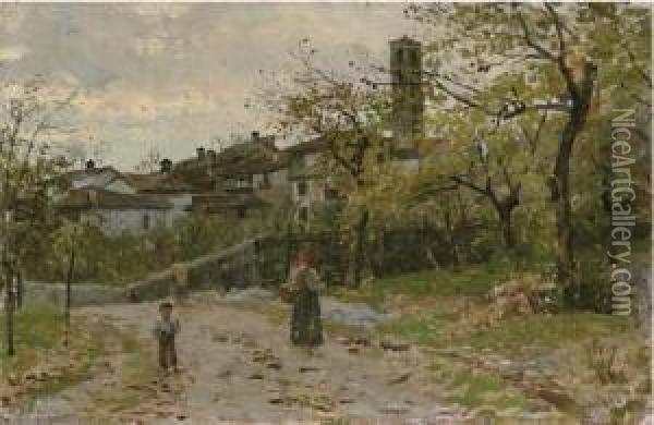 A Woman And Child On A Village Path Oil Painting - Bartolomeo Giuliano