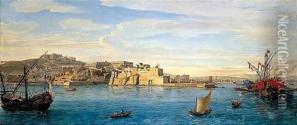A Prospect Of Naples From The Sea, Looking North East Towards The Castel Dell'Ovo Oil Painting - Caspar Andriaans Van Wittel