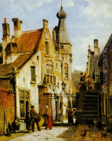 A Townscene With Figures By A Wrought Iron Gate Oil Painting - Willem Koekkoek