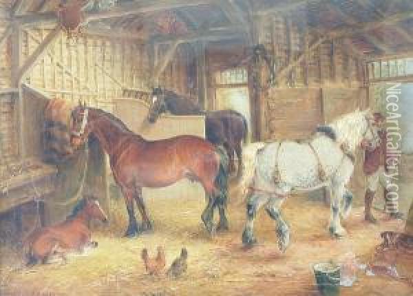 'horses In A Stable Interior' And 'horses In A Barn' Oil Painting - Edwin Frederick Holt
