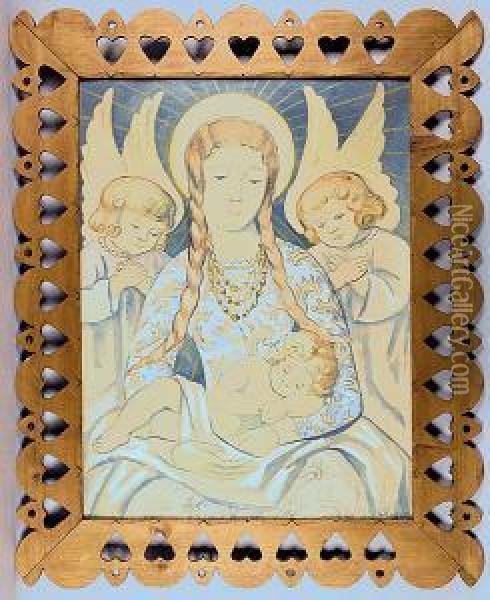Madonna Z Dzieciatkiem I Aniolkami Oil Painting - Wladyslaw Roguski
