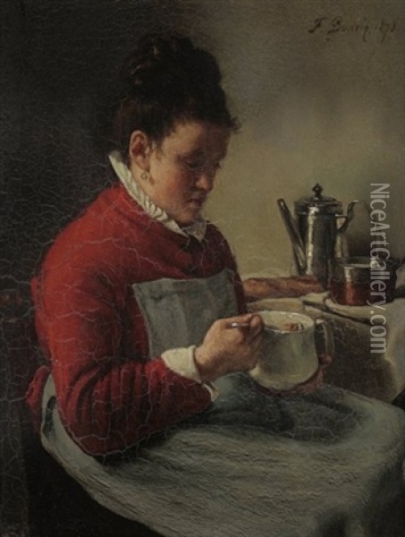 Frau Tunkt In Einem Glas Ein Stuck Brot Oil Painting - Francois Bonvin