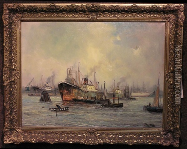 Boats In The Harbour Of Rotterdam Oil Painting - Jan De Jong