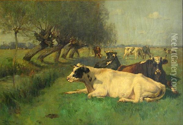 A Pastoral Landscape With Cattle Grazing In A Field Oil Painting - Henry Singlewood Bisbing