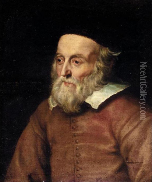 Portrait Of A Rabbi, Half Length, Wearing A Red Jacket And A Fur Hat Oil Painting - Adriaen Hanneman