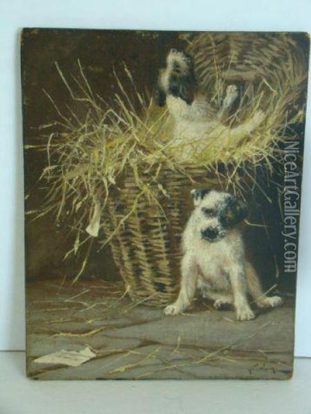 Puppies Playing In A Basket. Oil Painting - Arthur Wardle