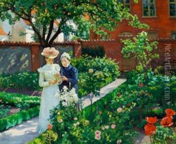 Two Ladies Strolling In A Flower Garden Oil Painting - Peter Marius Hansen