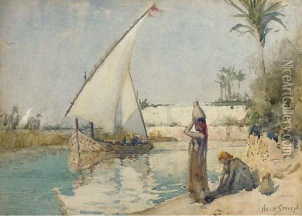 Water Carriers On The Banks Of The Nile With A Felucca Ghostingby Oil Painting - Augustus Morton Hely-Smith
