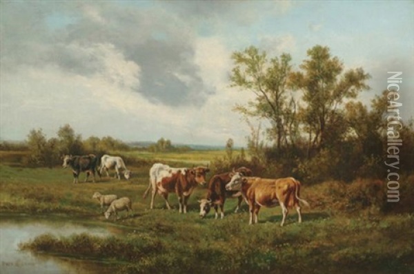 Cattle And Sheep Grazing By Water Oil Painting - Thomas Bigelow Craig