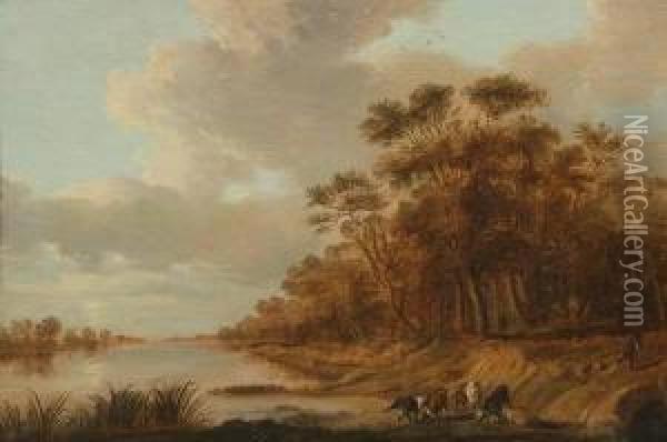 Cows And Goat Herder And Goats By The Riverside Oil Painting - Jacob van Mosscher