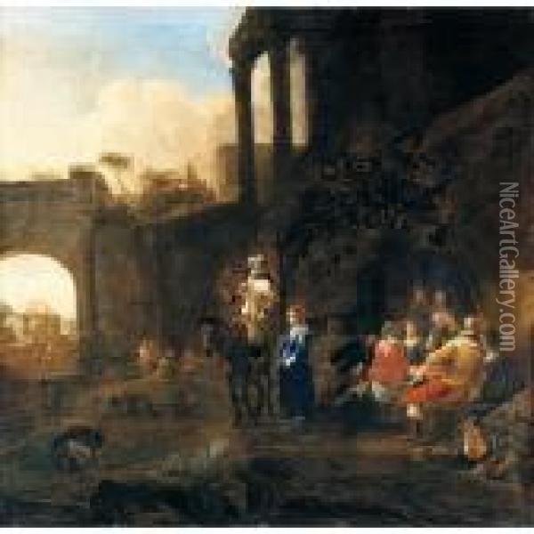 Italianate Landscape With An Elegant Company Making Merry Outside A Tavern Oil Painting - Jan Miel