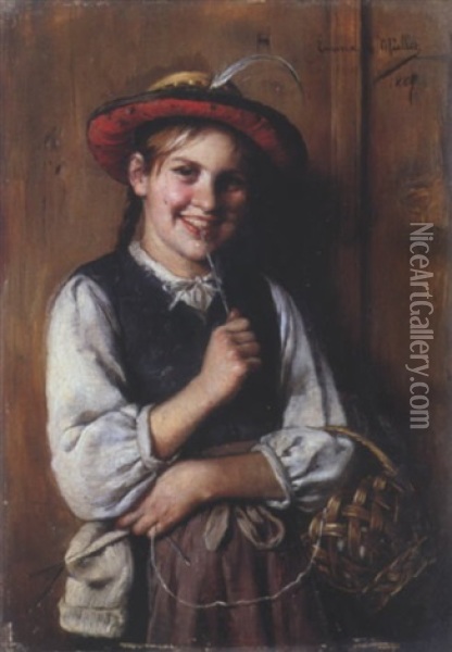 Ein Frohliches Madchen Mit Strickzeug Oil Painting - Emma (Edle von Seehof) Mueller