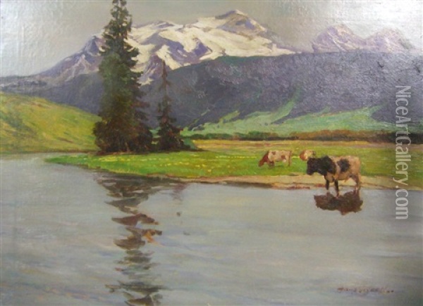 Sommerliche Alpenlandschaft Mit Weidenden Kuhen An Einem See Oil Painting - Hans Seyppel