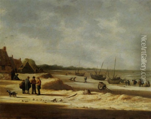 A Beach Scene With Fisherfolk In A Dune Village And Fishing Boats Moored On The Beach Oil Painting - Willem Gillisz Kool