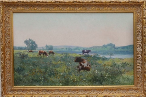 Vaches Au Pre, Devant L'etang Oil Painting - Louis Le Poittevin