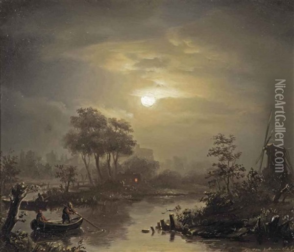 A Moonlit River Landscape, With A Town In The Distance Oil Painting - Petrus van Schendel