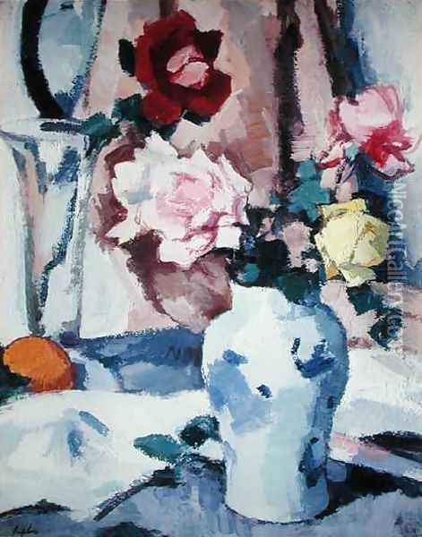 Roses in a Blue and White Vase Oil Painting - Samuel John Peploe