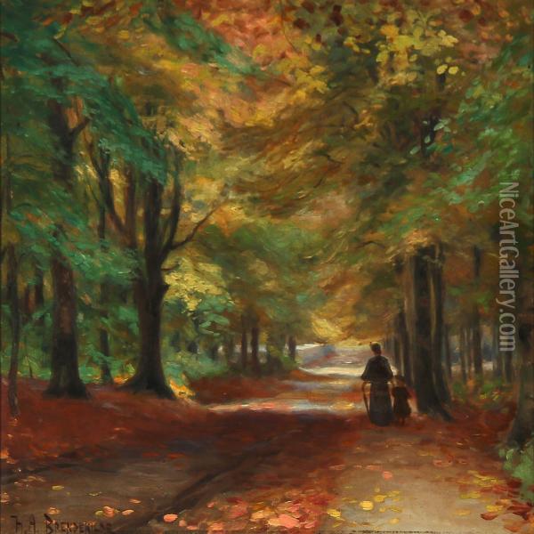 Autumn Forest With A Mother And Her Child Oil Painting - H. A. Brendekilde