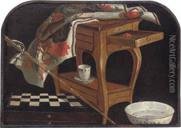 A Partly-draped Louis Xiv Occasional Table, A Chess Board, A Bamboo Cane  And A Porcelain Cup And Bowl oil painting reproduction by Lubin Baugin 
