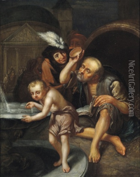Diogenes Wirft Seine Schale Weg, Um Einen Knabe Zu Uberzeugen, Mit Der Hohlen Hand Zu Trinken Oil Painting - Johannes (Jan) Tielius