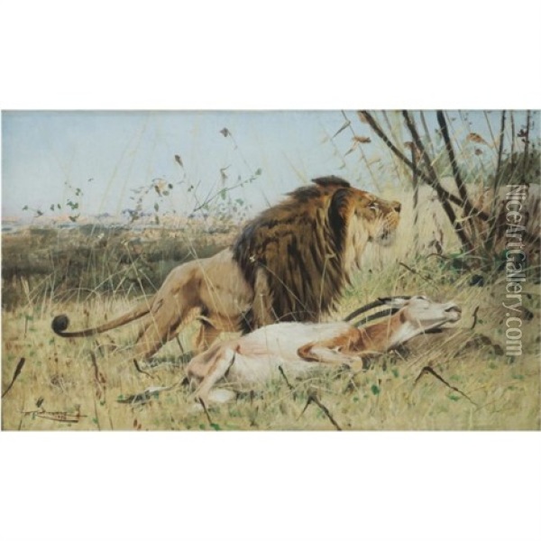 Lion And His Prey Oil Painting - Wilhelm Friedrich Kuhnert