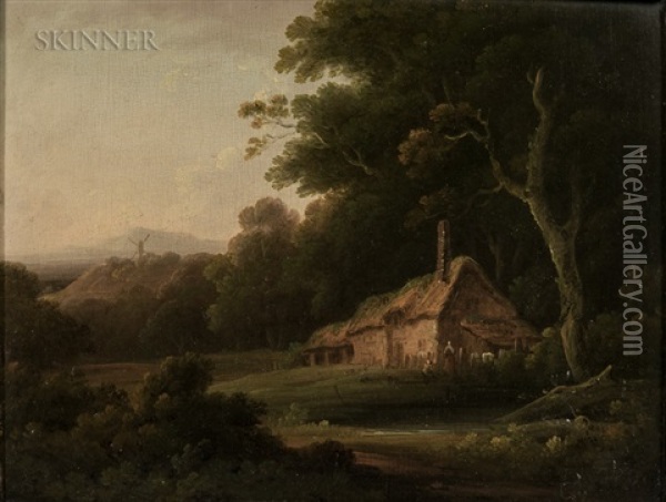 Cottage At The Forest's Edge With Distant Windmill Oil Painting - John Rathbone
