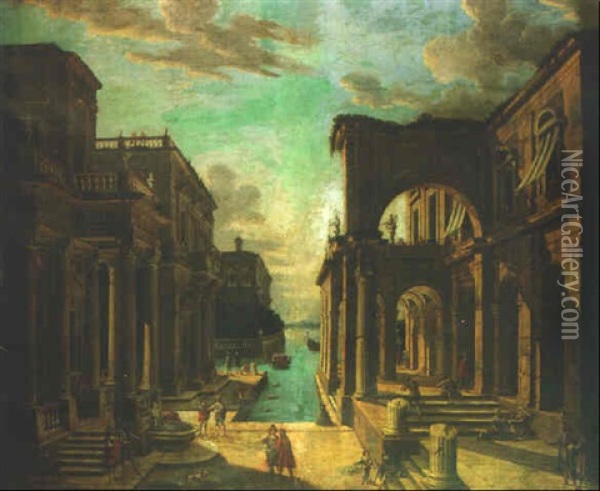 A Capriccio Of A Classical Palace On A Lake Oil Painting - Giovanni Ghisolfi