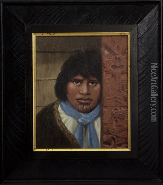 Portrait Of A Maori Woman Before A Carved Panel Oil Painting - Vera Cummings
