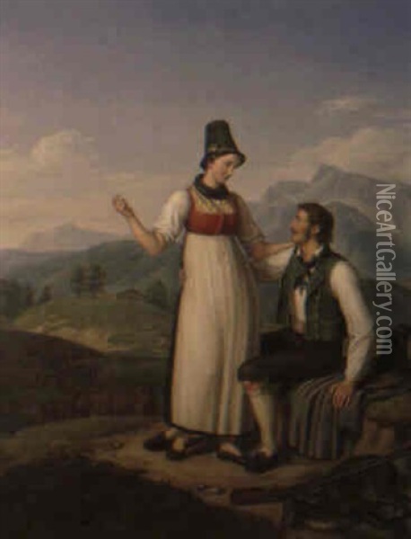 Gemsenjager Und Sennerin Oil Painting - Joseph Anton Rhomberg