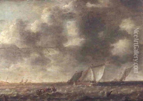 Figures In A Boat In Choppy Waters With Dutch Pinks Off A Coastline Oil Painting - Willem van Diest