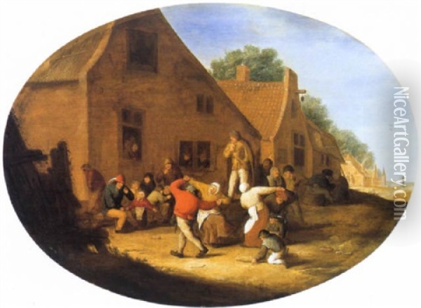 Tanzende Bauern In Einem Dorf Oil Painting - Bartholomeus Molenaer