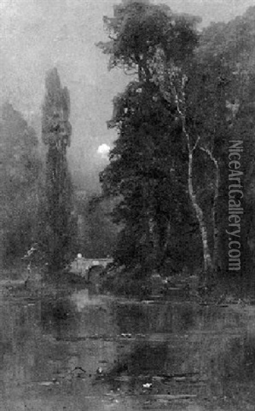 A Moonlit Pond Oil Painting - Yuliy Yulevich (Julius) Klever