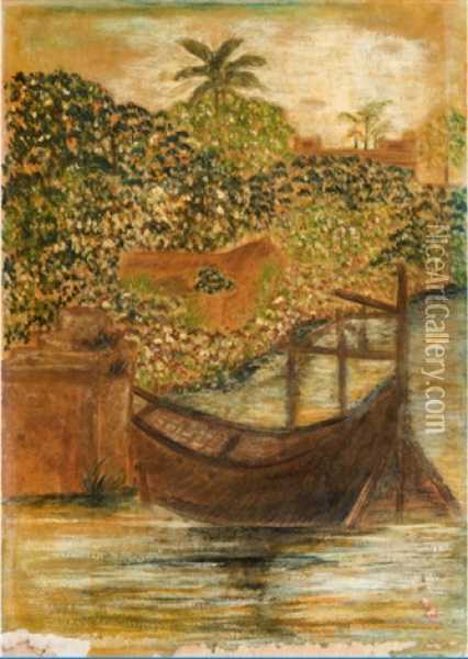 Untitled (boat On Padma Near Shilaidaha) Oil Painting - Rabindranath Tagore