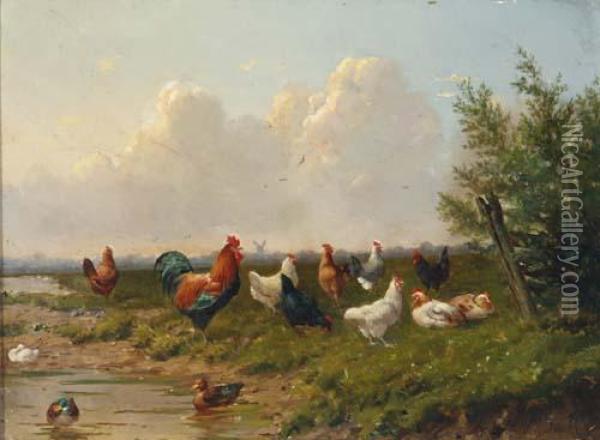 Weite Landschaftmit Federvieh, Im Hintergrund Windmuhle Oil Painting - Franz van Severdonck