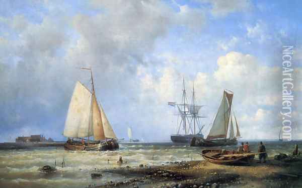 Fishing Vessels by the Shore Oil Painting - Louis Verboeckhoven