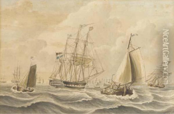 The Dutch Barque Cornelia Off A Fleet Anchorage Oil Painting - Johannes Hermann Barend Koekkoek