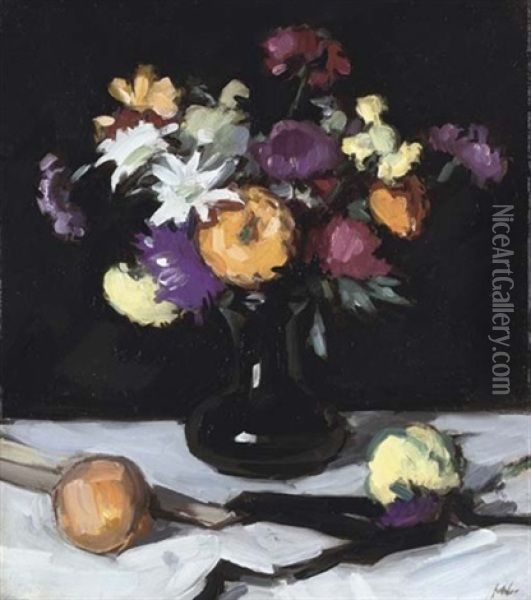 Still Life Of Chrysanthemums Against Black Oil Painting - Samuel John Peploe
