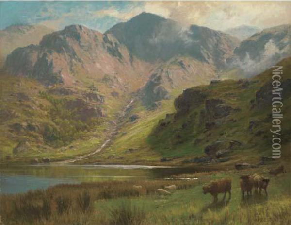 Highland Landscape, With Cattle And Sheep Before A Loch Oil Painting - Charles Stuart