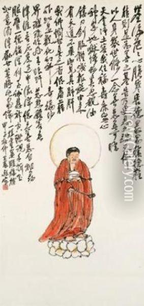 Buddha In Red Oil Painting - Wang Zhen