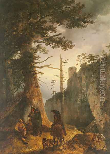 Jäger Vor Einer Köhlerhütte (Huntsmen Passing By The Charcoal Burner's Hut) Oil Painting - Friedrich Gauermann
