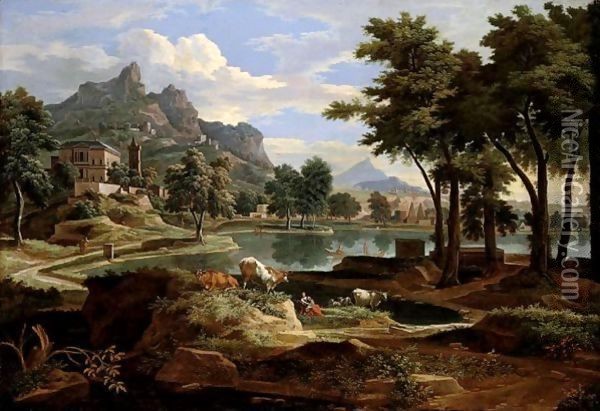 A Classical Landscape With Figures And Cattle Resting By A Lake, Rocky Terrain Beyond Oil Painting - Etienne Allegrain