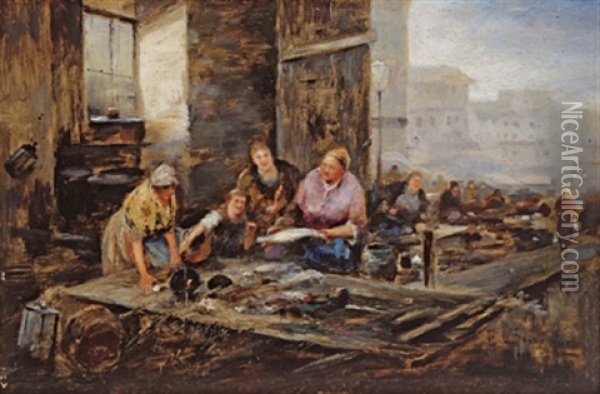 Fischverkauferin Am Wiener Naschmarkt (?) Oil Painting - Emil Barbarini